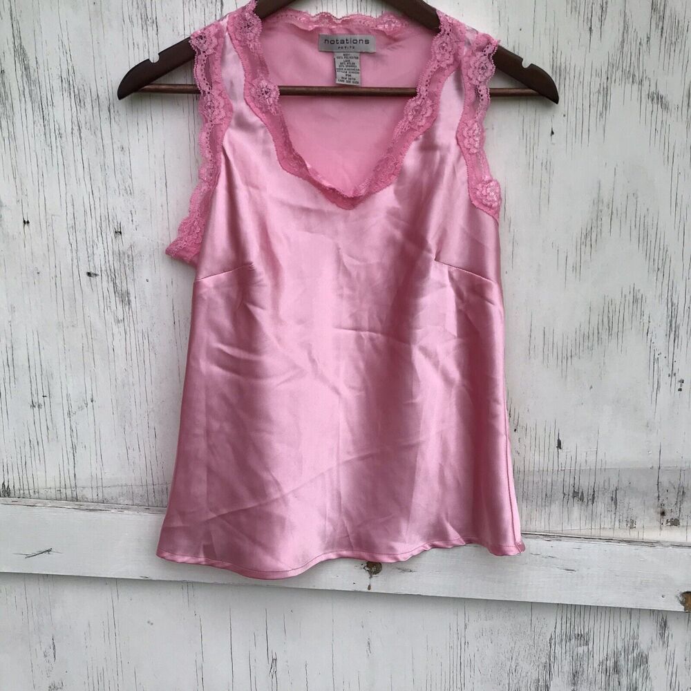 Notations Satin Pink Lace Tank Top shell Sz M Petite Coquette Fairy Y2k Vintage